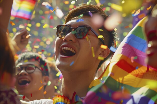 Scène de fierté avec des couleurs d'arc-en-ciel et des hommes célébrant leur sexualité