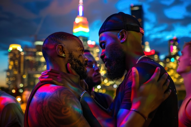 Photo gratuite scène de fierté avec des couleurs d'arc-en-ciel et des hommes célébrant leur sexualité