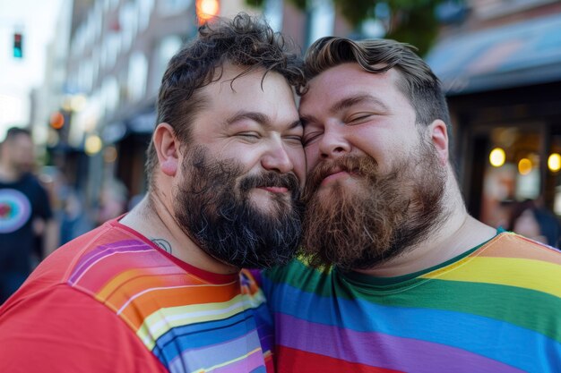 Scène de fierté avec des couleurs d'arc-en-ciel et des hommes célébrant leur sexualité