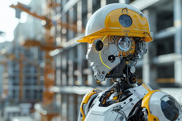 Scène futuriste avec un robot de haute technologie utilisé dans l'industrie de la construction