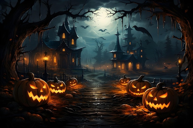 Photo gratuite scène d'halloween avec des citrouilles et des chauves-souris avec la pleine lune en arrière-plan