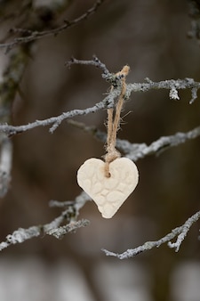 Scène d'hiver avec coeur accroché à l'arbre