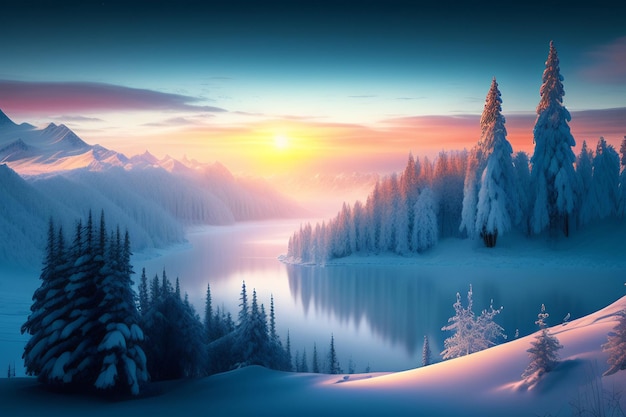 Une scène d'hiver avec un paysage enneigé et un paysage enneigé.