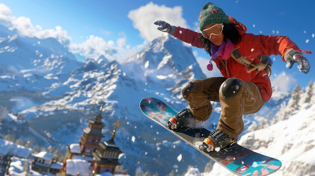 Photo gratuite scène d'hiver photoréaliste avec des gens faisant du snowboard