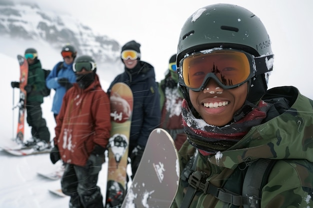 Photo gratuite scène d'hiver photoréaliste avec des gens faisant du snowboard