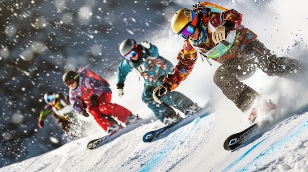 Scène d'hiver photoréaliste avec des gens faisant du snowboard