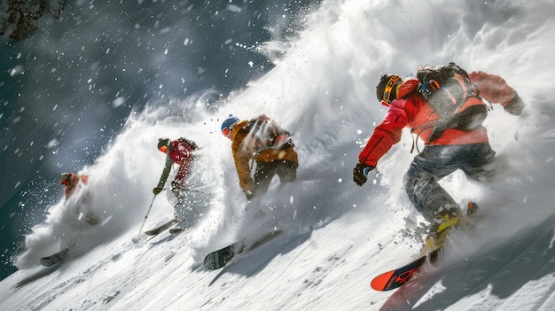 Scène hivernale avec des gens en snowboard