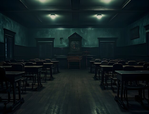 Scène d'horreur avec une salle de classe étrange