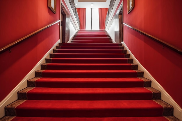Photo gratuite scène intérieure des escaliers de l'hôtel recouverts de tapis rouge générative ai