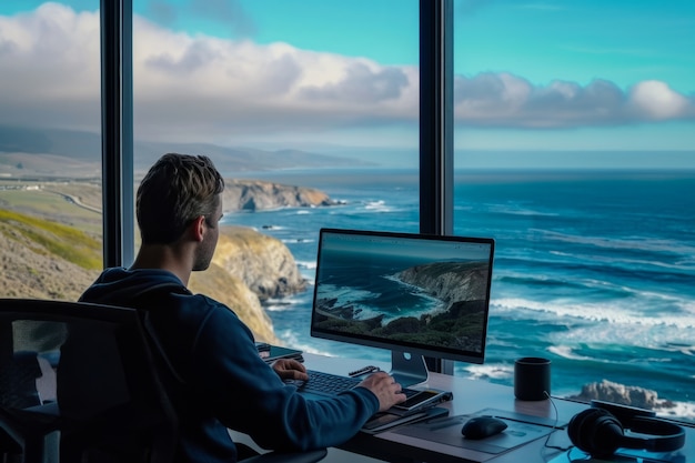 Photo gratuite scène avec des jeunes divers étant des nomades numériques et travaillant à distance depuis des endroits de rêve