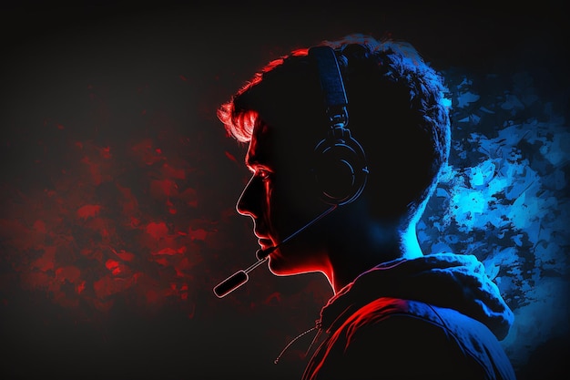 Scène de joueur professionnel d'eSports de profil coloré avec une ai générative de lumière rouge et bleue