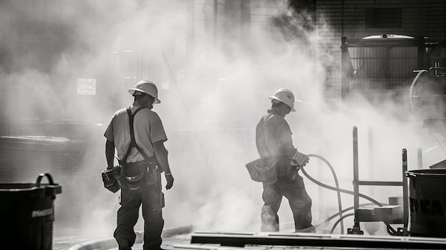 Scène monochrome représentant la vie des ouvriers sur un chantier de construction