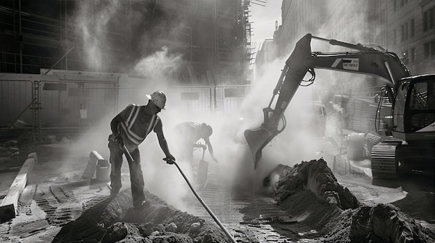 Scène monochrome représentant la vie des ouvriers sur un chantier de construction