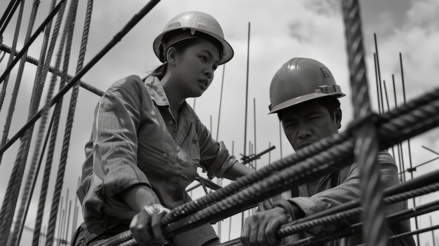 Photo gratuite scène monochrome représentant la vie des ouvriers sur un chantier de construction