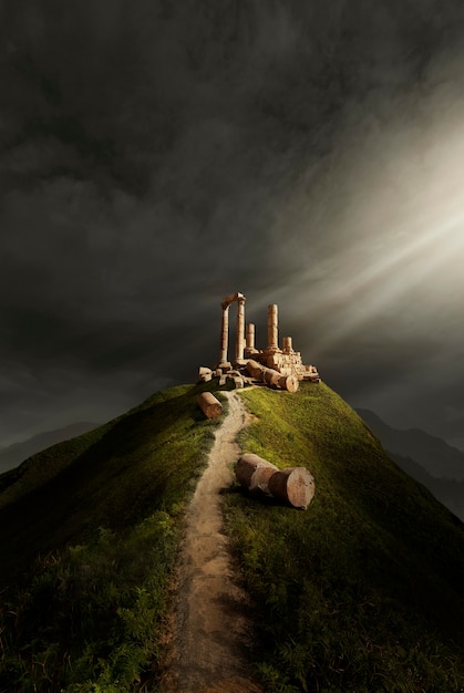 Scène mystérieuse avec des rondins de bois sur la colline
