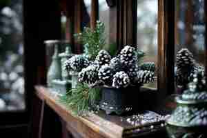 Photo gratuite scène de noël composée de guirlandes de pins saupoudrées de fausse neige et de paillettes