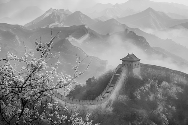 Photo gratuite scène en noir et blanc de la grande muraille de chine