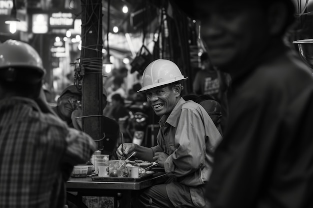 Photo gratuite scène en noir et blanc montrant la vie des ouvriers de la construction sur le chantier