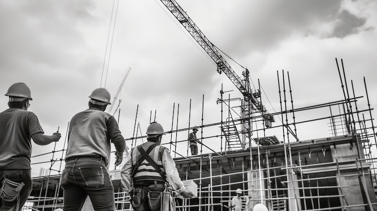 Photo gratuit scène en noir et blanc montrant la vie des ouvriers de la construction sur le chantier