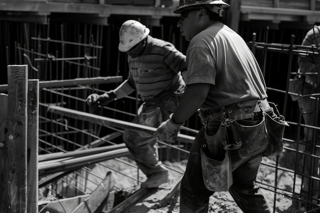 Scène en noir et blanc montrant la vie des ouvriers de la construction sur le chantier