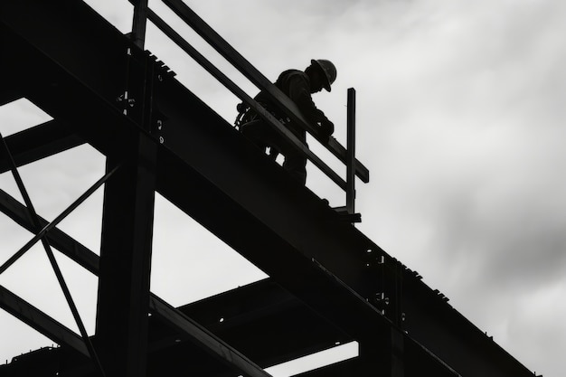 Scène en noir et blanc montrant la vie des ouvriers de la construction sur le chantier