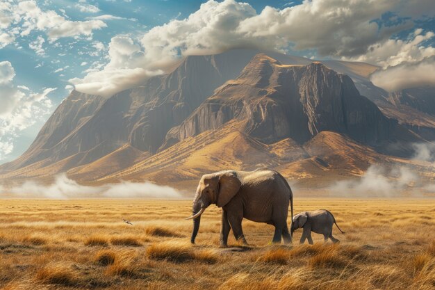 Scène photoréaliste d'éléphants sauvages