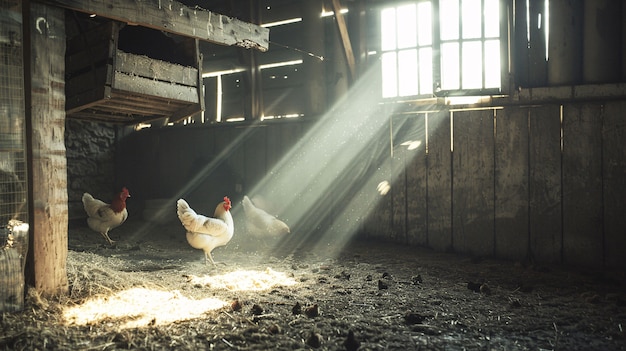 Scène photoréaliste d'une ferme avicole avec des poulets