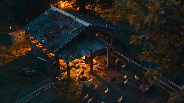 Scène photoréaliste d'une ferme avicole avec des poulets
