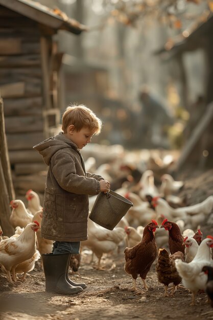 Scène photoréaliste d'une ferme de volailles avec des gens et des poulets