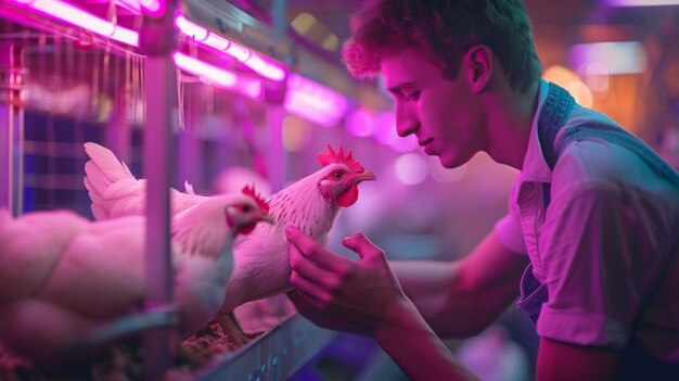 Photo gratuite scène photoréaliste d'une ferme de volailles avec des gens et des poulets