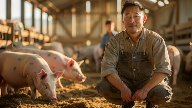 Photo gratuite scène photoréaliste avec une personne qui s'occupe d'une ferme de porcs