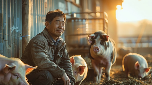 Scène photoréaliste avec une personne qui s'occupe d'une ferme de porcs