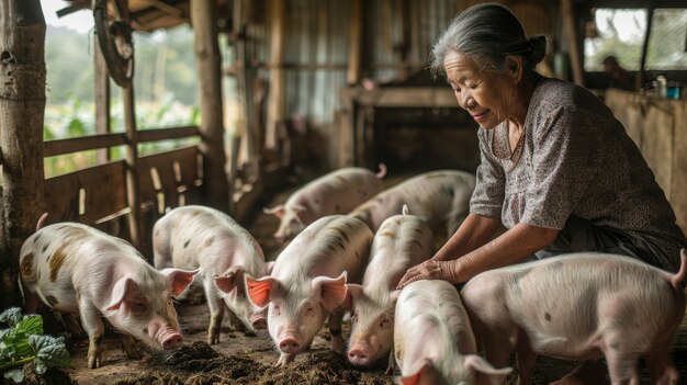 Scène photoréaliste avec une personne qui s'occupe d'une ferme de porcs