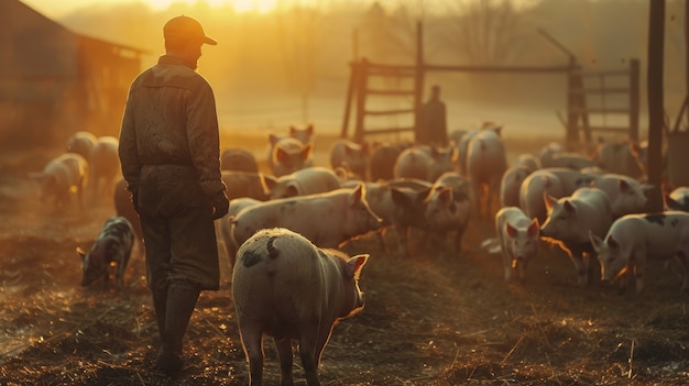 Photo gratuite scène photoréaliste avec une personne qui s'occupe d'une ferme de porcs