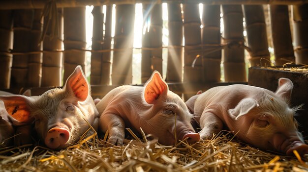 Scène photoréaliste avec des porcs élevés dans un environnement agricole