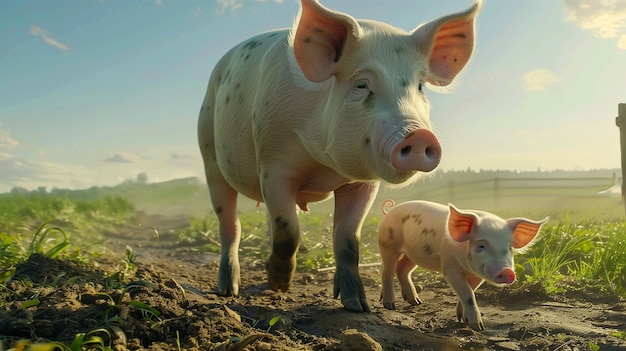 Scène photoréaliste avec des porcs élevés dans un environnement agricole