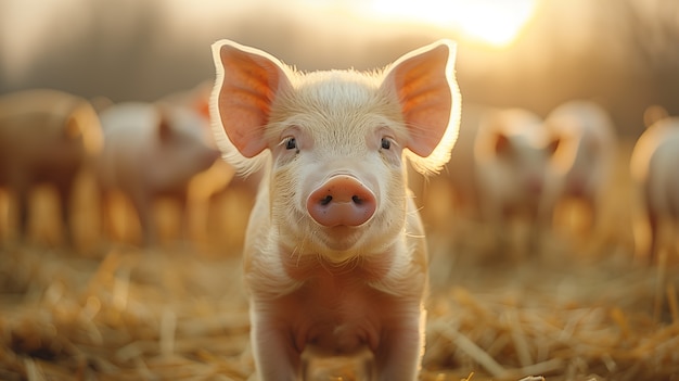 Scène photoréaliste avec des porcs élevés dans un environnement agricole