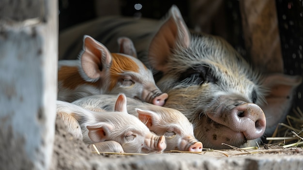 Scène photoréaliste avec des porcs élevés dans un environnement agricole