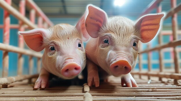 Scène photoréaliste avec des porcs élevés dans un environnement agricole