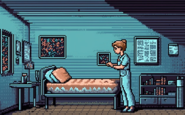 Scène de pixels graphiques 8 bits avec une infirmière à l'hôpital