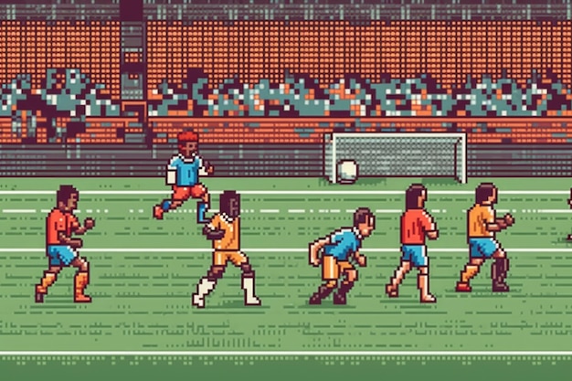Scène de pixels graphiques 8 bits avec des joueurs de football