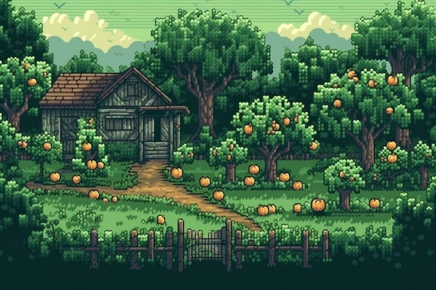 Scène de pixels graphiques 8 bits avec maison et arbres