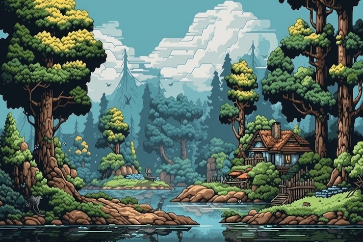 Photo gratuit scène de pixels graphiques 8 bits avec la nature