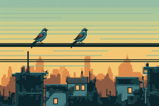 Scène de pixels graphiques 8 bits avec des oiseaux