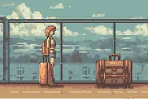 Photo gratuite scène de pixels graphiques 8 bits avec une personne à l'aéroport