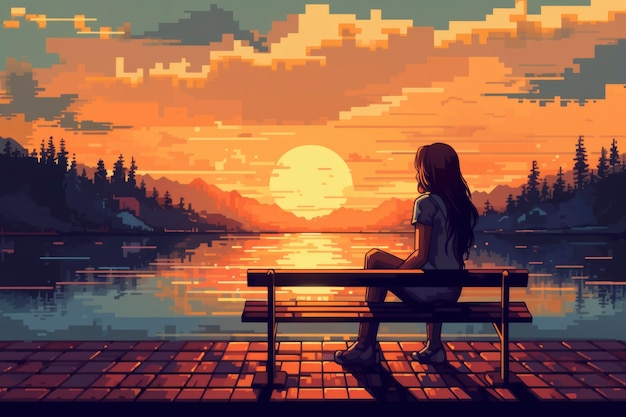 Scène de pixels graphiques 8 bits avec une personne sur un banc au coucher du soleil