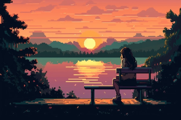 Scène de pixels graphiques 8 bits avec personne et coucher de soleil