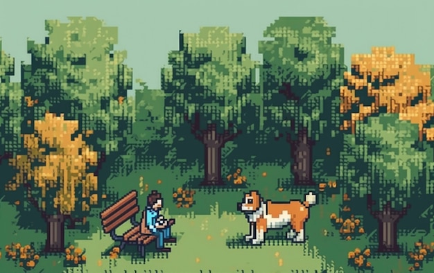 Scène de pixels graphiques 8 bits avec une personne promenant un chien dans le parc