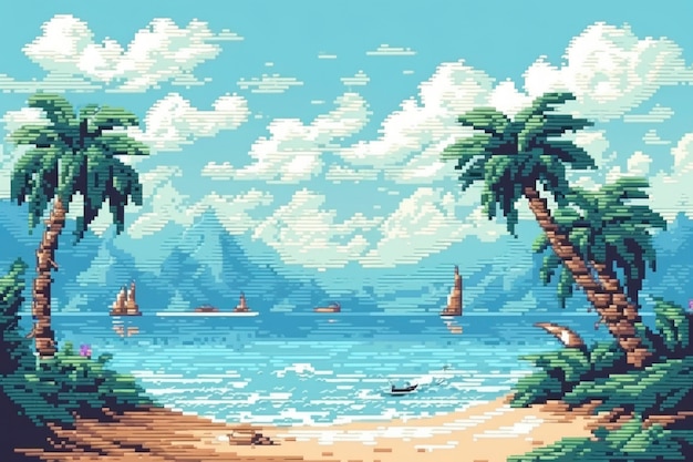 Photo gratuite scène de pixels graphiques 8 bits avec plage