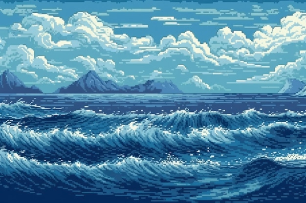 Scène de pixels graphiques 8 bits avec vagues océaniques
